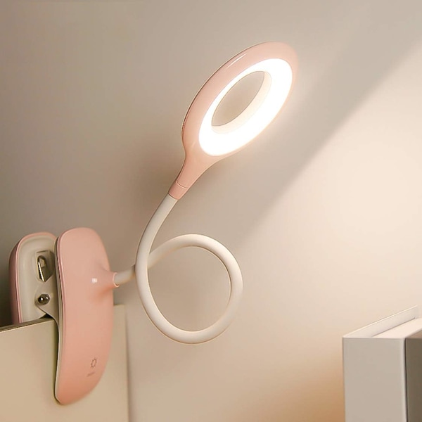 LED klämma lampa sängläslampa klämma med beröringssensor, sängbordslampa barn, 360° flexibel svanhals klämma lampa, USB uppladdningsbar boklampa för pink