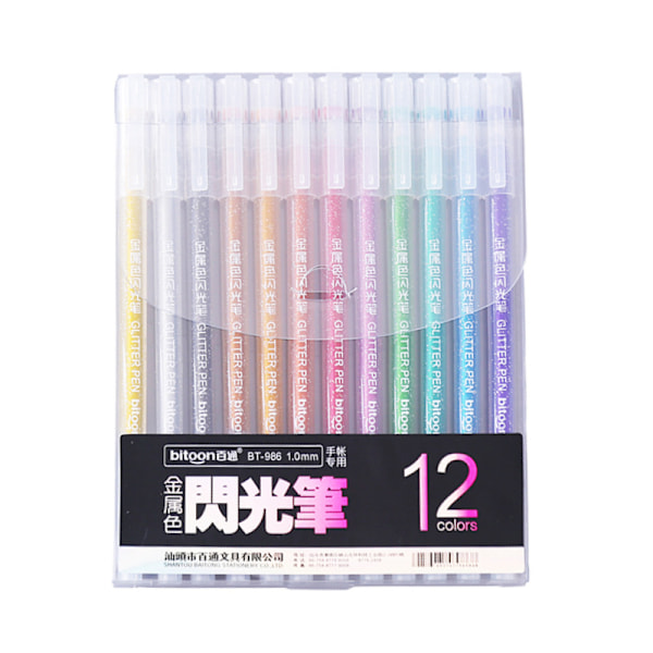 12 färger/set Metallic glitterpenna 1,0 MM Ritning Färgad metall