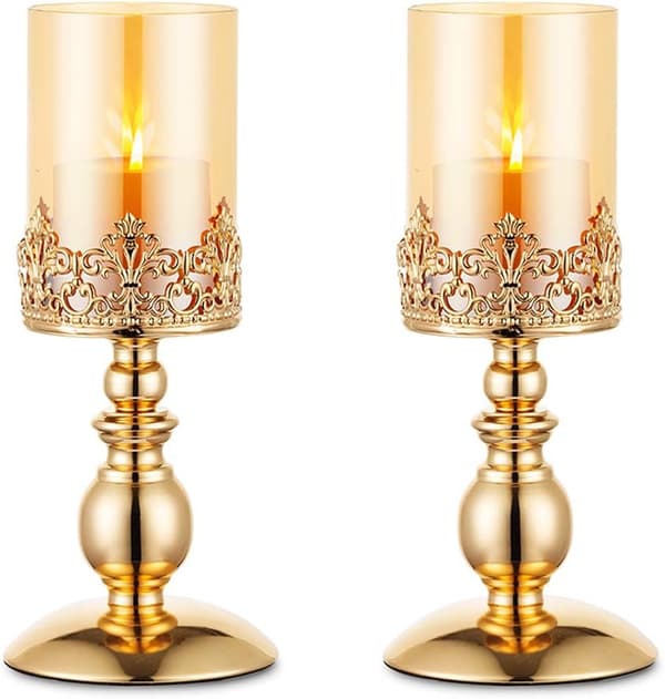 Ljusstakar med Glas, Set med 2 Guld Hurricane Ljusstakar