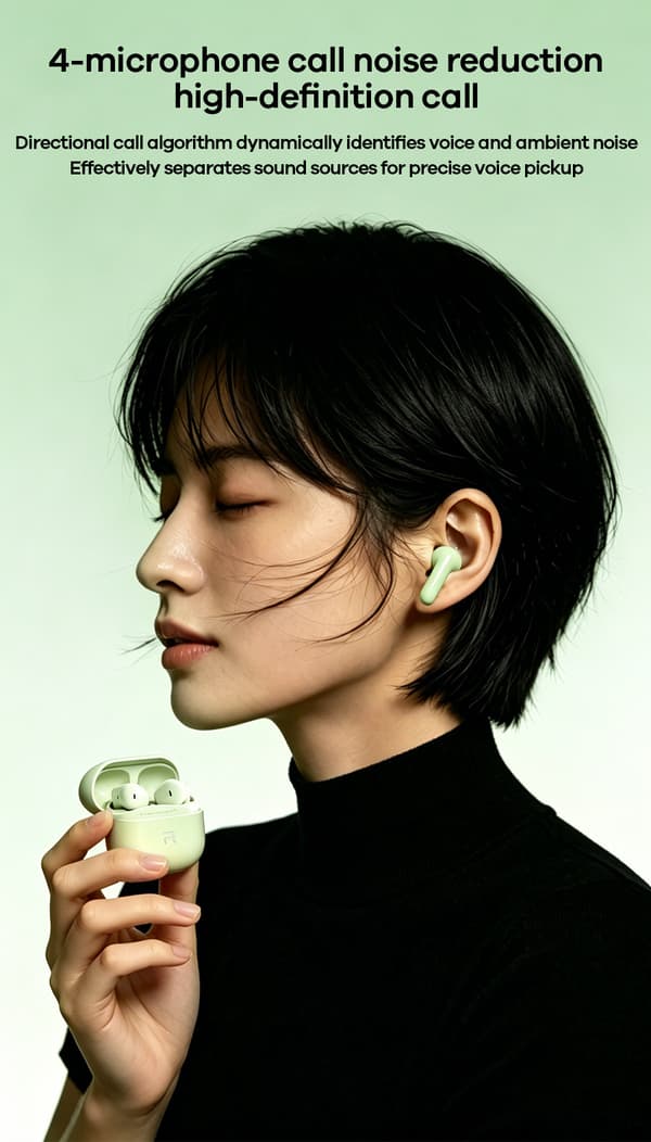 Trådløse Bluetooth-ørepropper med semi-in-ear-design, fire mikrofoner, støydemping, lang batterilevetid og hurtiglading