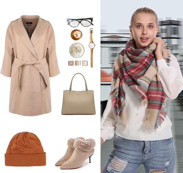 Plaid Tæppe Halstørklæde Vinter Efterår Halstørklæder til Kvinder, Varmt Blødt Tykt Oversized Tartan Sjaler Wraps Halstørklæder Camel