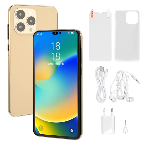 Olåst Smartphone 6,1 tum 4G-nätverk 4GB RAM 64GB ROM Ansiktsupplåsning Mobiltelefon för Android 11 100–240V Guld EU-kontakt