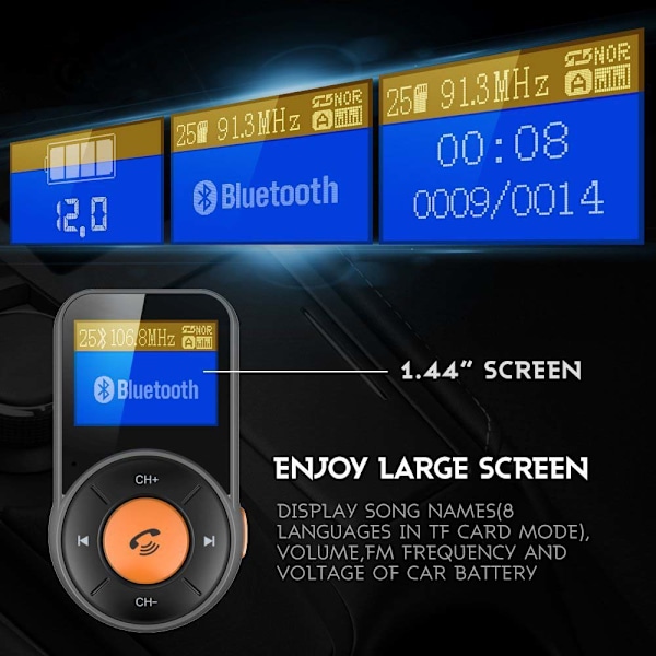 Bluetooth FM-sändare för bil, 1,44'' bil FM-sändare QC