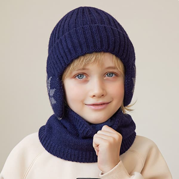 Vinterfleecehalsduksset för barn, Vintervindsäker och varm stickad mössa och halsduk för barn, Öronskyddande mössa navy blue