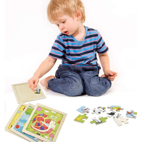 Träpussel för småbarn, Mini Barn Pussel Leksak, 4 Pack 9 Bitar