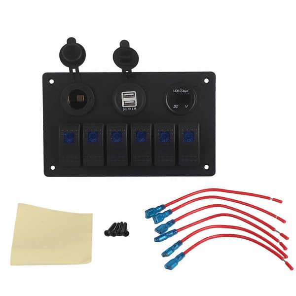 12V 24V 6-gang bilbåd LED vippekontaktpanel Dobbelt USB voltmeter cigarettænder blå