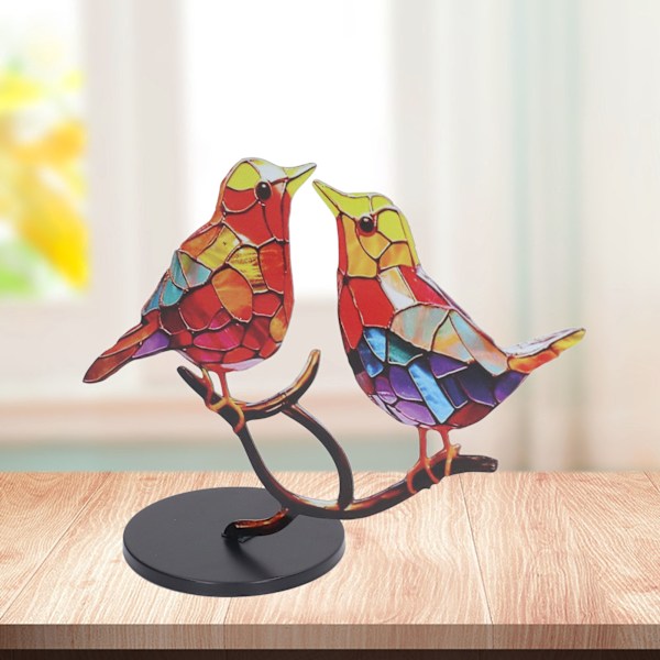 Färgglad fågeldekoration på gren, metallkonstskulptur för hem, kontor, vardagsrumsdekor, livfull fågelfigur med glasliknande textur - Perfekt