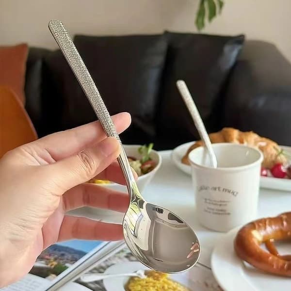 Sæt med 3 hamret-teksturerede, langskaftede runde skeer i rustfrit stål – fortykkede skeer til hjemmebrug, ideelle til ris og suppe, voksenstørrelse