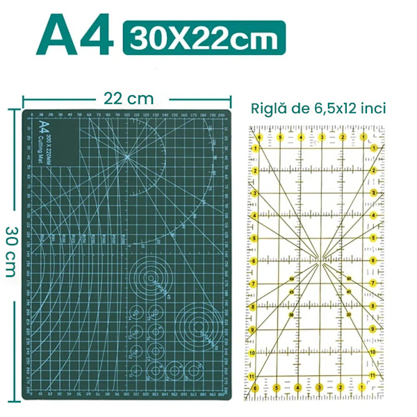 Set med 2 EINNENFFER A4 skärmattor, PVC, med transparent linjal i tum, 30 x 22 cm, grön, för hantverk, utskärning, tillverkning