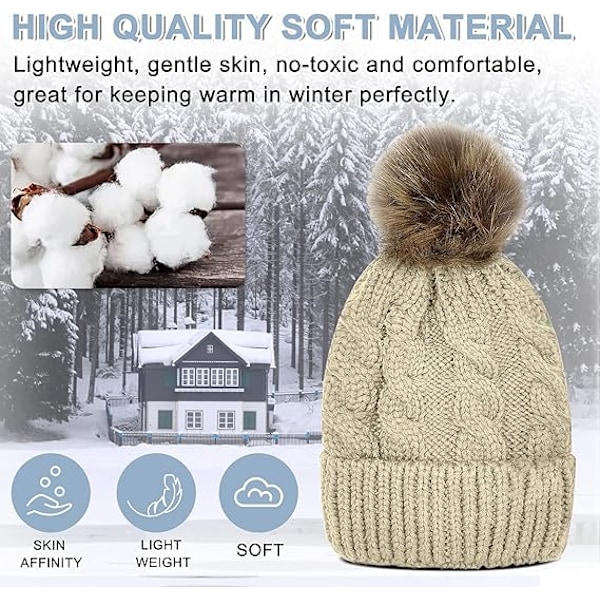 Barnmössa med Foder och Pom Pom för Barn - Slouchy Kabelstickad Mössa Skalle Mössa Baby Skidmössa för Flickor Pojkar CLT01 Khaki