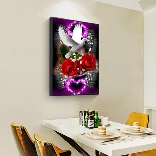Hvit Due og Rosa DIY Diamantmaling Komplett Sett DIY Håndverk 5D Di