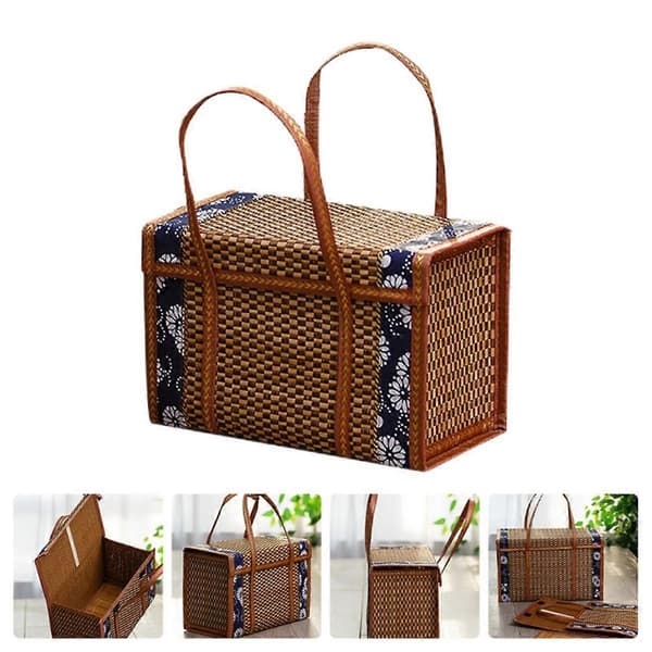 Fruktkorg Bambuvävd Bärbar Enkel Handhållen Picknickmatbehållare Vikbara Snacksbehållare Barn 36x18x25cm,B
