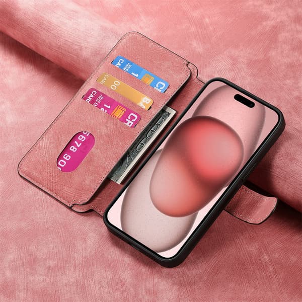 Magnetisk avtakbart flip-telefondeksel med RFID-beskyttelse, multifunksjonell kortholder og stativ; kompatibel med iPhone 16 Pro Max pink