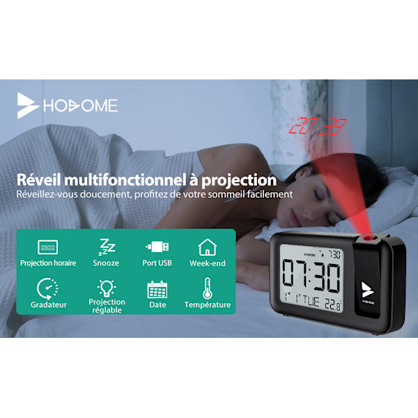 Hosome Projektionsväckarklocka, Digital Väckarklocka Inomhustemperatur 4 Ljusstyrkenivåer 2 Volymnivåer Justerbar 9 Minuters Snooze-funktion 12/24H