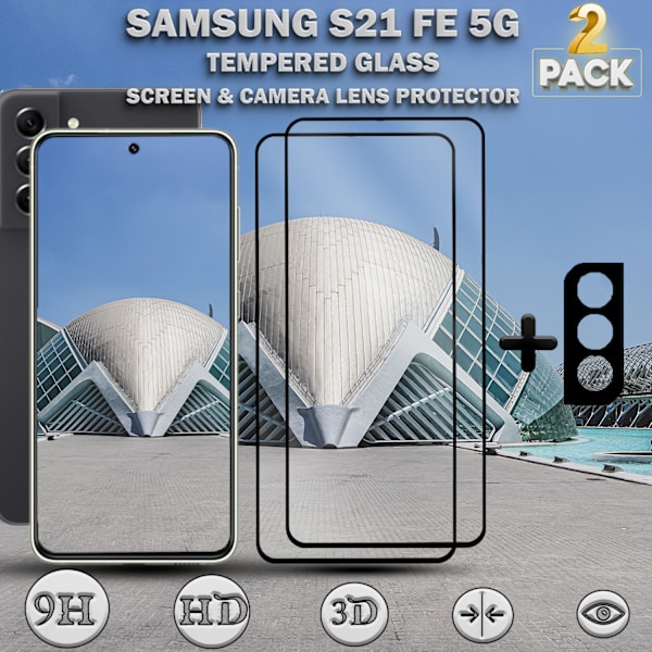 2-Pack Samsung S21 FE (5G) Skärmskydd & 1-Pack linsskydd - Härdat Glas 9H - Super kvalitet 3D