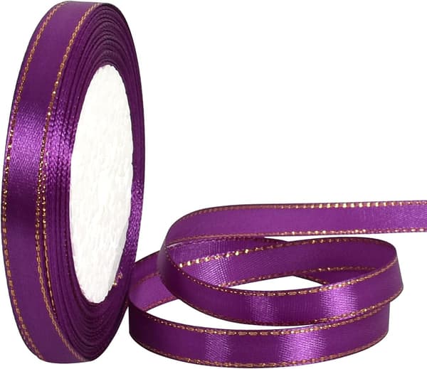 Lilla Satinbånd med Gyldne Kanter, 1cm x 23m, Polyesterstof