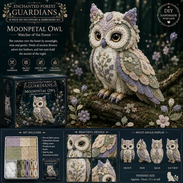 Gør-det-selv Patchwork Kit: Magisk Skovugle Værge - Begynder Håndsyet 3D Dukke - Helende Pynt/Gave