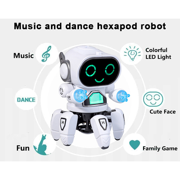 Musik och dansande hexapodrobot, LED-ögon, Med discoljus och dansmusik, Universellt hjul, Interaktiv och pedagogisk, Lämplig för pojkar och