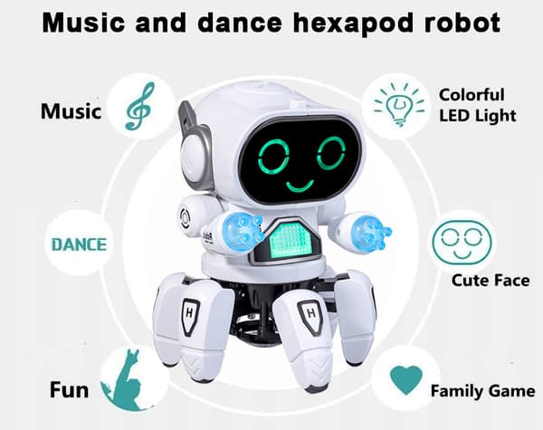 Musikk og dansende hexapod-robot, LED-øyne, med diskolys og dansemusikk, universalhjul, interaktiv og lærerik, egnet for gutter og