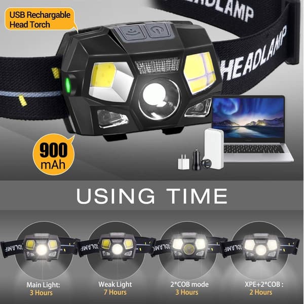 Hodelykter, 300 Lumen LED Oppladbar USB Kraftig Hodelykt, 5 Lysmoduser, Vanntett IPX4 med Bevegelsessensor for Løping Camping Sykling