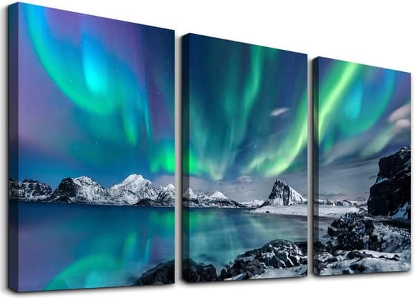 Maalaistalon seinätaide Aurora-maisemamaalaus kankaalle