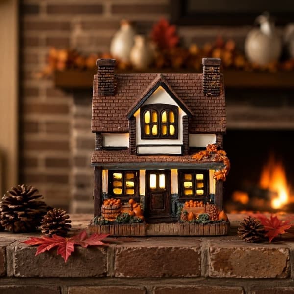 Efterårshytte dekoration harpiks ornament med indbyggede LED-lys, velegnet til Halloween pejsestativer, efterårshjem dekoration stil 1 stye 1