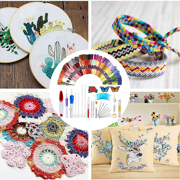 Broderisats, 100 färgade trådar, bärväska, flera tillbehör