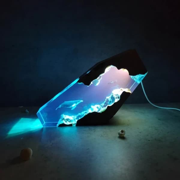 Epoxy Resin Træ Lys Lampe Stor Dykker og Pukkelhval Led