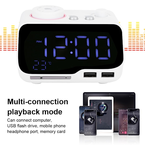 Digital väckarklocka med dubbla alarm, justerbar ljusstyrka, FM-radio, insomningstimer, USB-laddning, termometerdisplay för sovrum och vardagsrum