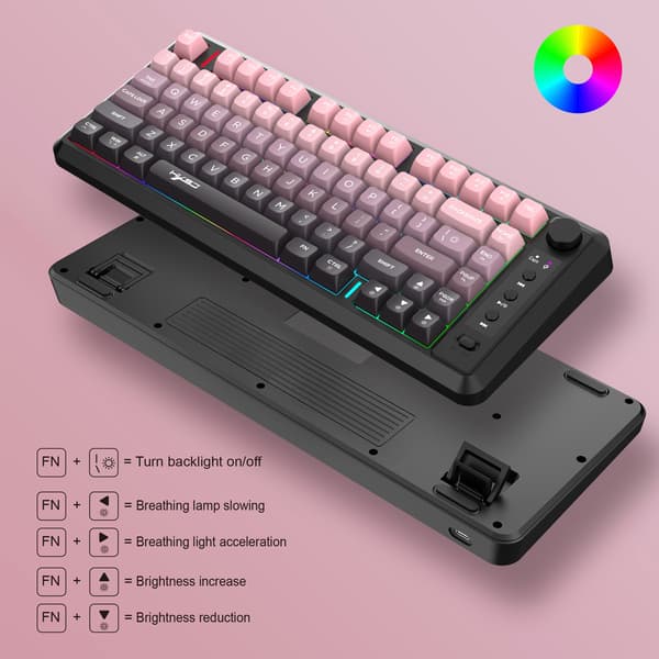 81-tasters trådløst gamingtastatur med tre tilstande, lyserøde-lilla gradienttaster og baggrundsbelysning til kontor og gaming