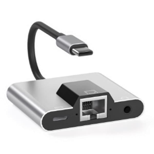 Type-C til Ethernet LAN Nettverksadapter Hub USB C til 3.5mm Audio PD Hurtiglading Dokkingstasjon for Laptop Mobiltelefon