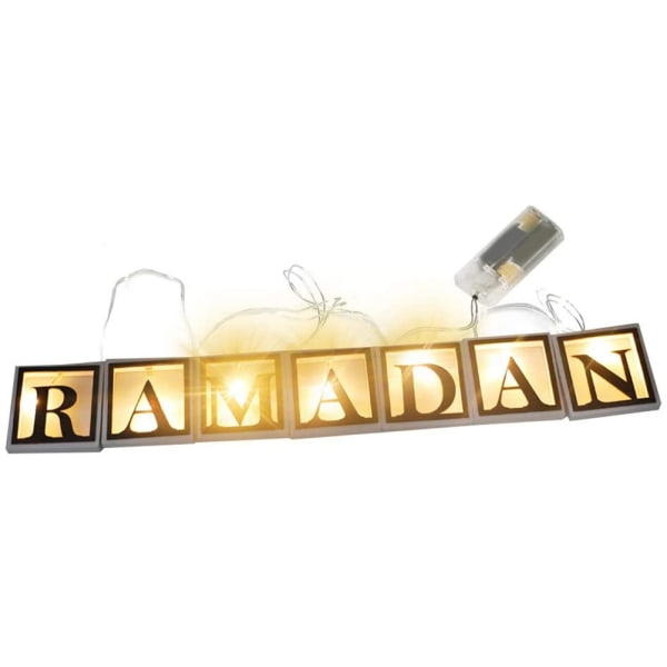 Ramadan LED String Light Dekoration Trä ihåliga bokstäver