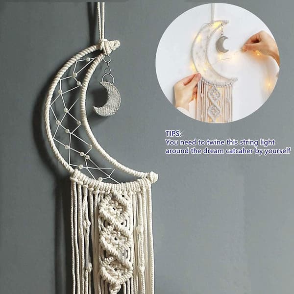 Boheemi makramee seinävaate LED-valolla, puuvillaneulottu unisieppari