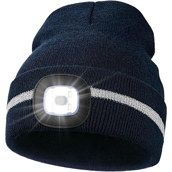 Reflekterande Rand LED Mössa Säkerhet Hög Synlighet Vintermössa med Lampa för Utomhusarbete Sport Presenter för Män Pappa - Svart Navy blue