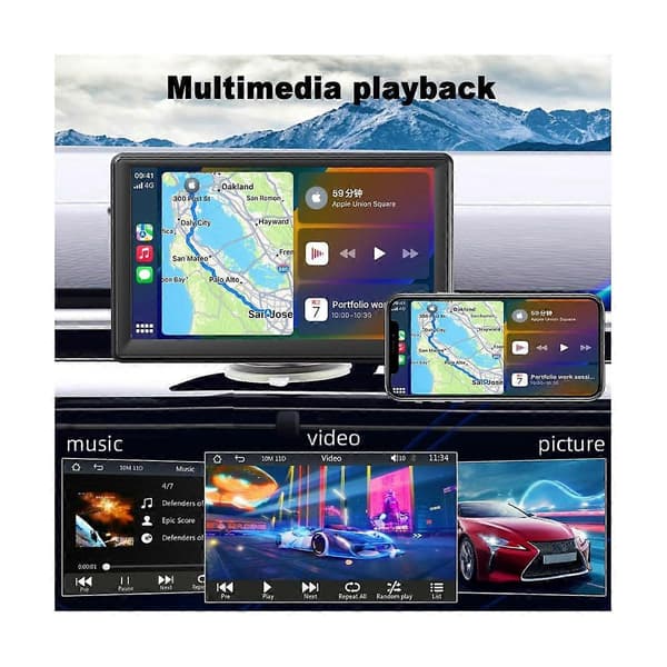 Bærbar trådløs Carplay-skærm til instrumentbræt, 7 tommer touchskærm bilstereo Bluetooth, FM bilradio