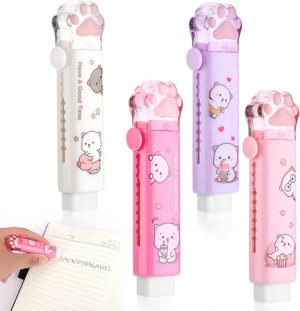 4-pack Kattfot Infällbar Suddgummi för Barn Kawaii Pennstil Er