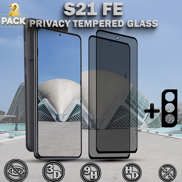 2-Pack Privacy SAMSUNG S21 FE Skärmskydd & 1-Pack linsskydd - Härdat Glas 9H - Super kvalitet 3D