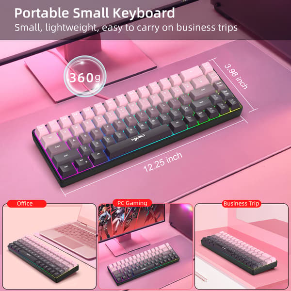 V200 Gradient Pink 69-tasters ergonomisk kablet tastatur, delt buet RGB-baggrundsbelyst til arbejde og gaming