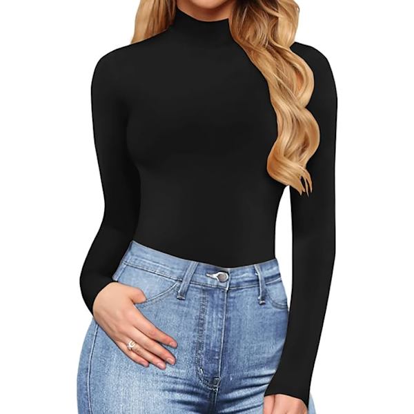 Dam Mock Turtle Neck Långärmad Topp Bodysuit Jumpsuit, 1pc-b