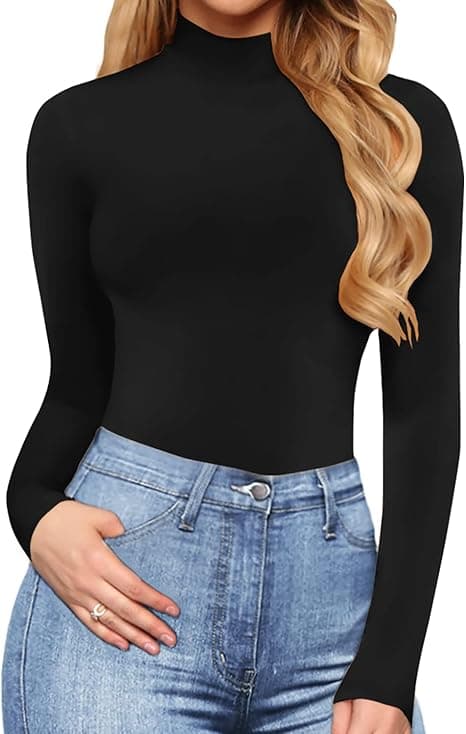Kvinners Mock Turtle Neck Langærmet Topp Bodysuit Jumpsuit, 1pc-b