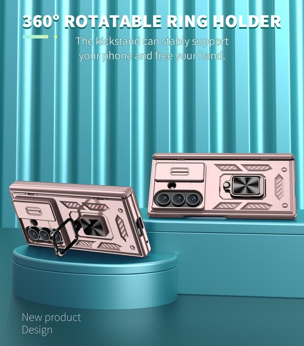 Kameraskyddsfodral med pop-up och ringstativ för Samsung Galaxy Z Fold 5 Rose Gold
