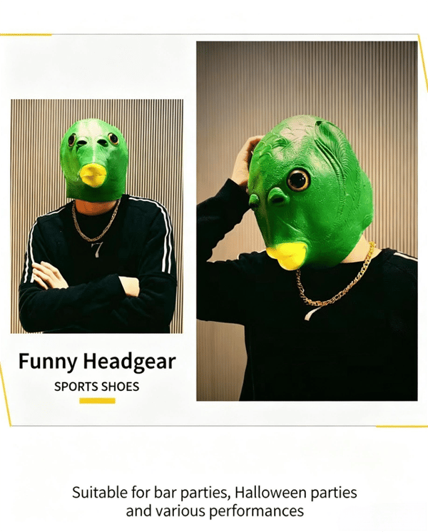 Grønn fiskehode-maske + gullkjede prank-sett