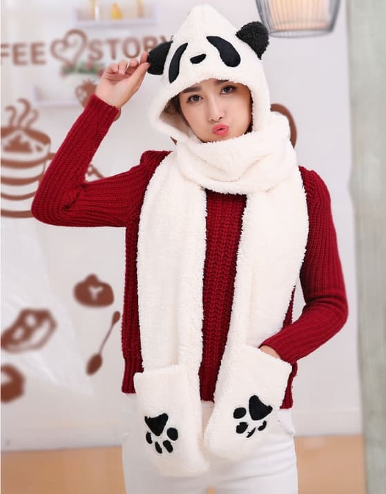 Vinter Panda Mössa Halsduk Handskset för Kvinnor, Varm Dam Siamese Hoodie