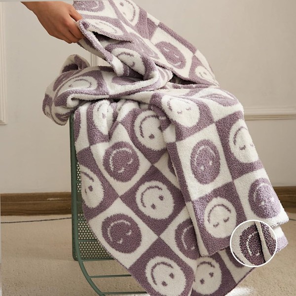 Ultramjuk Mysig Glad Leende Ansikte Rutig Stickad Pläd Filt Fluffig Mikrofiber Schackbrädes Filt Lättviktig Filt på Båda Sidor purple