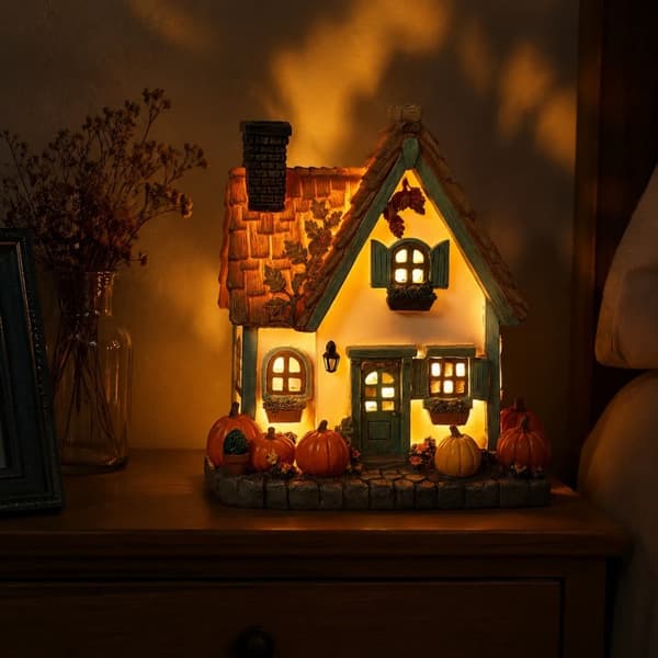 Efterårshytte dekoration harpiks ornament med indbyggede LED-lys, velegnet til Halloween pejsestativer, efterårshjem dekoration stil 2 stye 2
