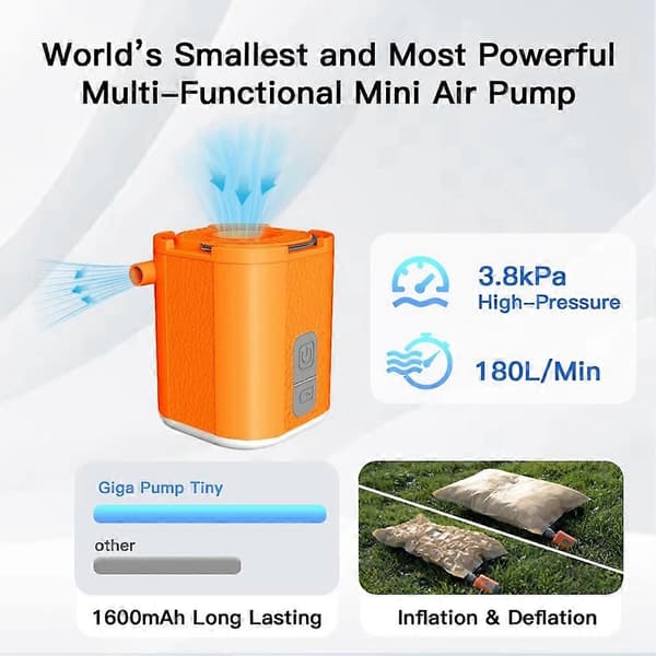 GIGA PUMP TINY 3-i-1 Minipumpe Bærbar Inflator til Camping Liggeunderlag Madraspumpe til Nem Brug