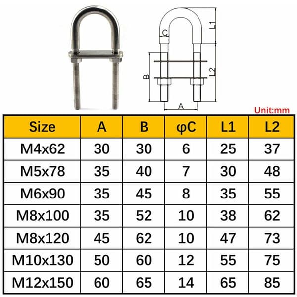 M6X90 U-bolt 304 rustfritt stål bolt (6 stk)