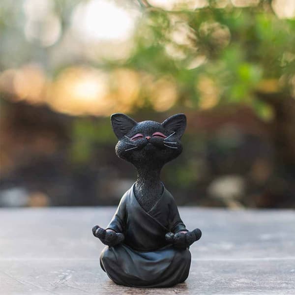 Buddha katt statue meditasjon yoga samleobjekt gave til katteelskere, meditasjonsdekorasjon Black 12.5 CM
