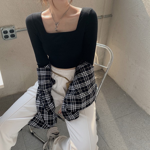 Långärmad, figurnära, avslappnad bas-croptop för damer med fyrkantig halsringning, enfärgad långärmad T-shirt, Svart XL
