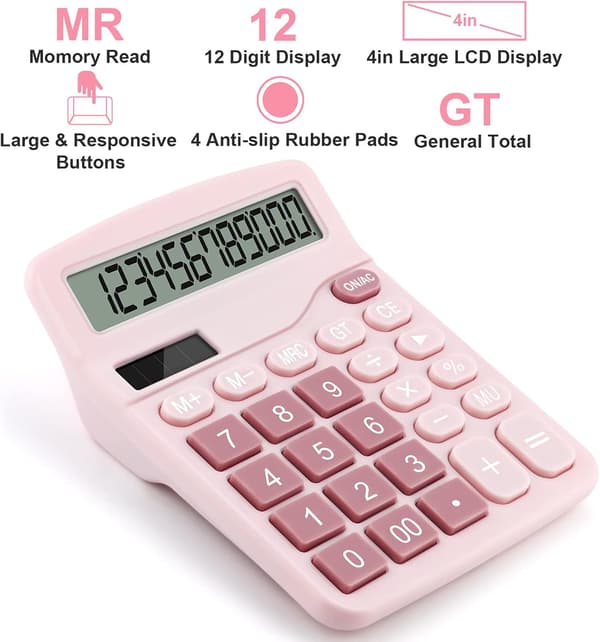 (Pink) Stor 12-cifret Dual Powered Basic Desktop Kalkulator, Solcelledrevet